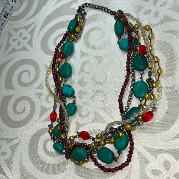 Multi-strand faux turquoise, red, yellow pearl, and neutral tone necklace - Picture 2 of 10
